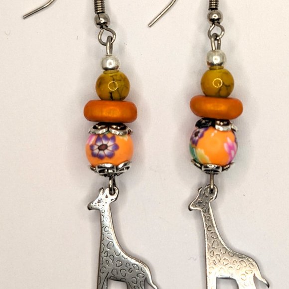 Giraffe Earrings with Orange Beads - Picture 2 of 2